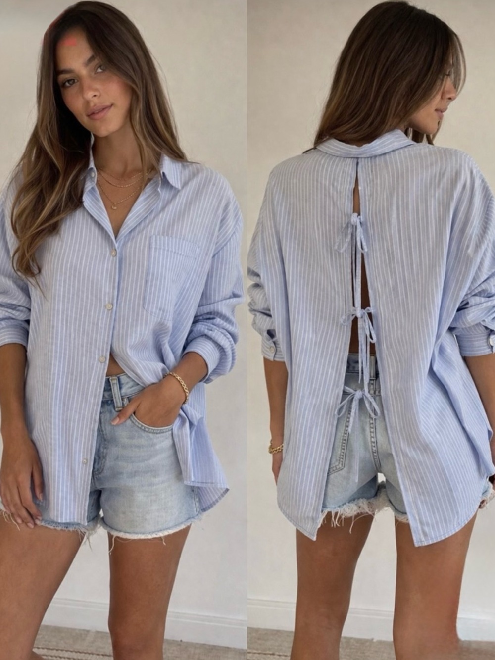American Eagle Open Back Tie Button-Down Striped Chambray Shirt Medium